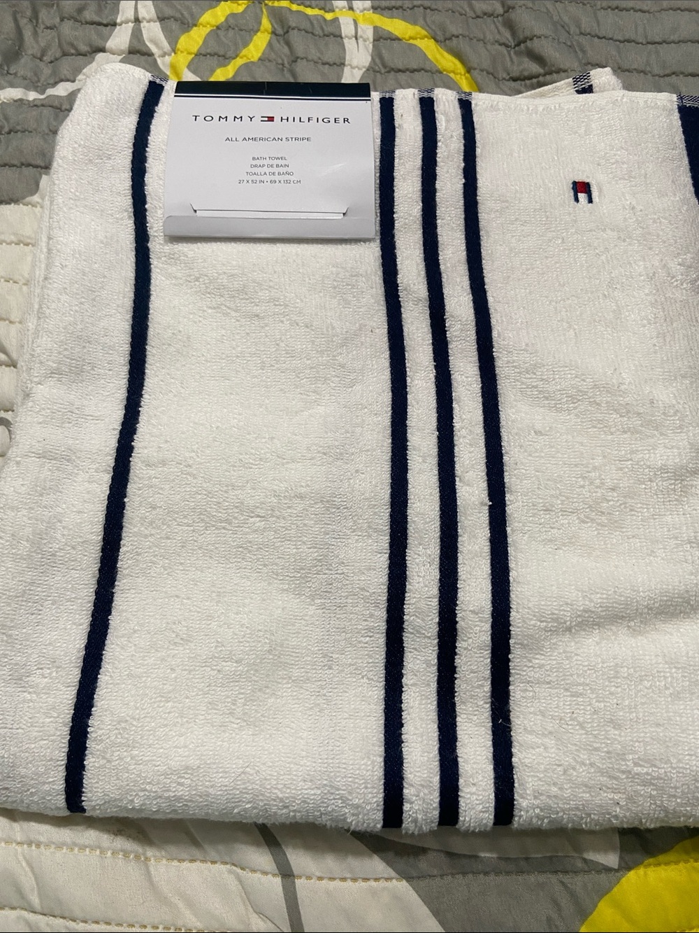 Tommy Hilfiger White Bath Towel with Navy Stripes and Flag